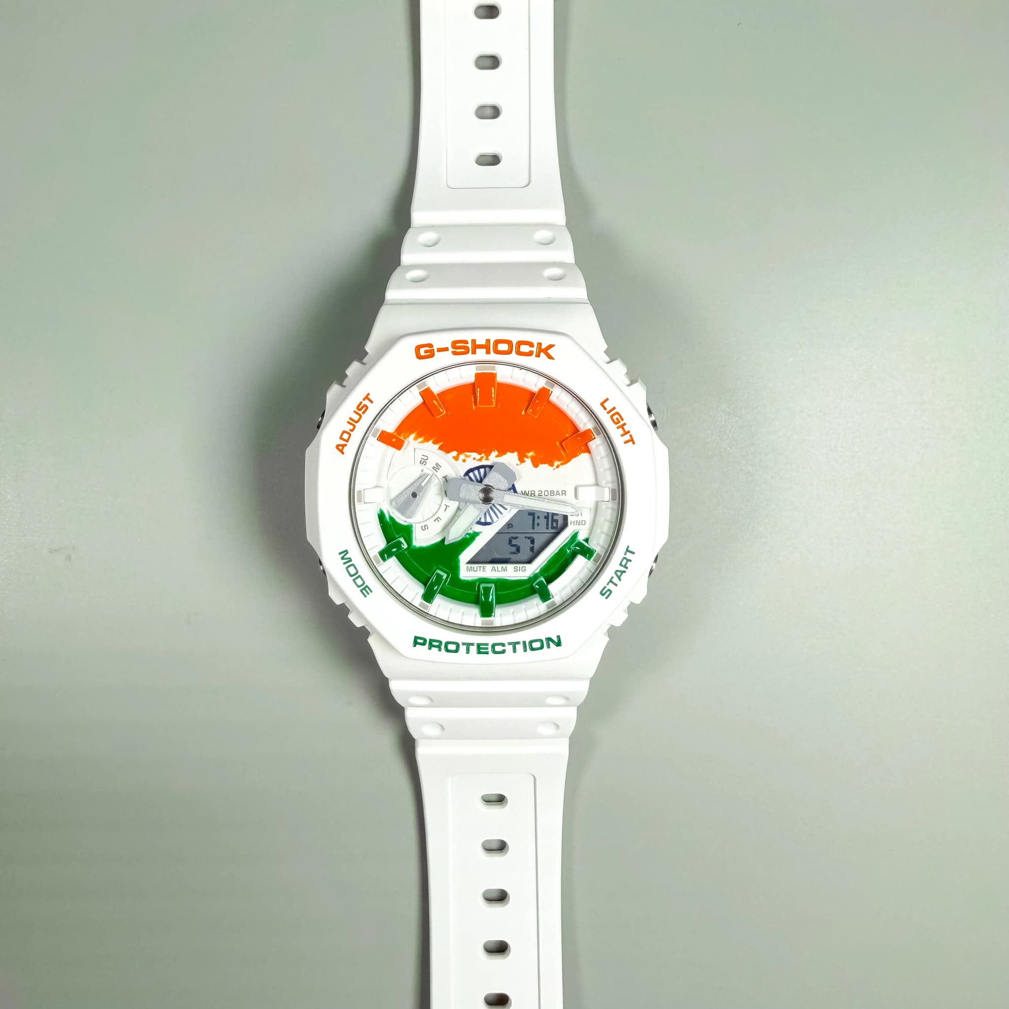 Tiranga Indian tricolour artwork on white G-Shock GA-2100